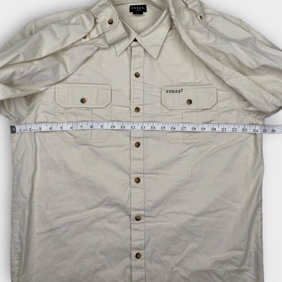 VINTAGE 90s Guess Shirt Mens Large Cream Twill Button Up Logo Casual Classic Fit - Picture 11 of 15